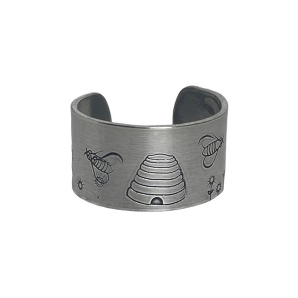 Handmade 10 stamped Busy bees silver hypoallergenic adjustable wide cuff ring‎